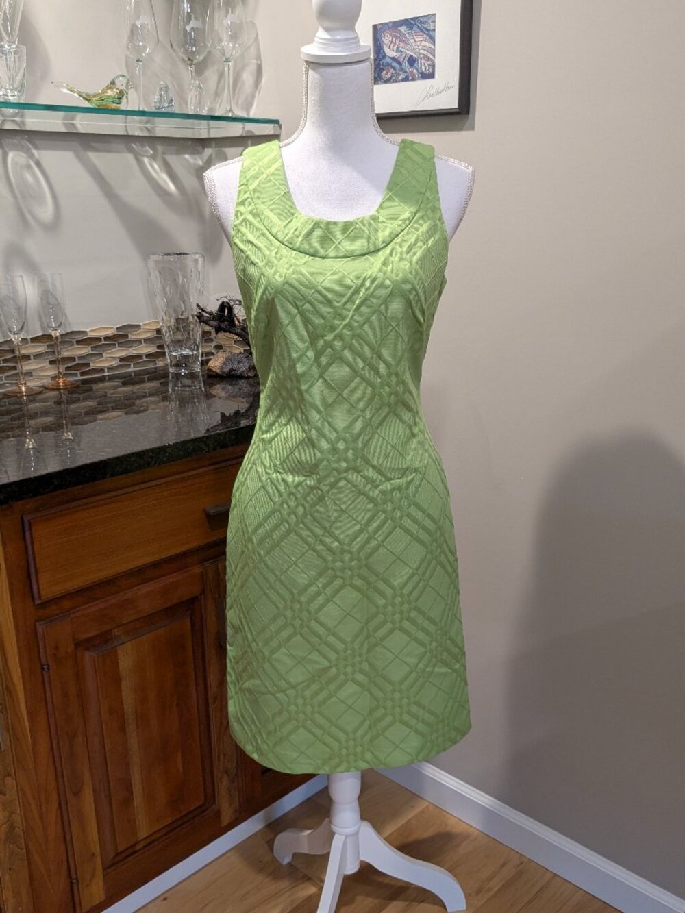 Vintage EVAN PICONE Dress Lime Green Plaid Sleeveless Sheath Lined Career Party